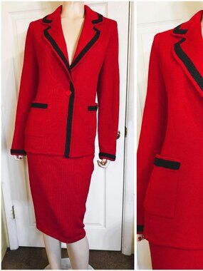 Nice St John Red & Black Skirt & Jacket Suit sz 14